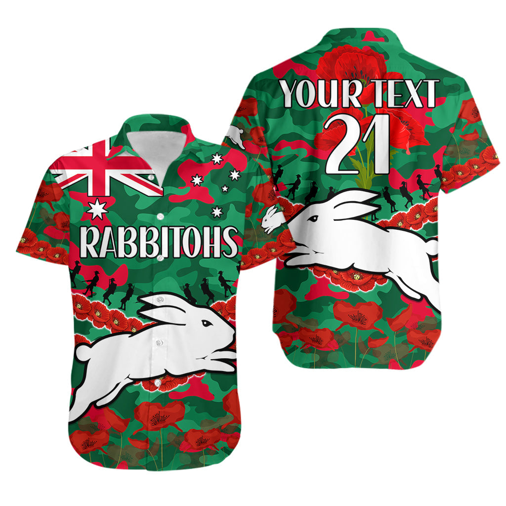 (Custom Text And Number) Rabbitohs Rugby ANZAC Hawaiian Shirt Lest We Forget - Vibe Hoodie Shop