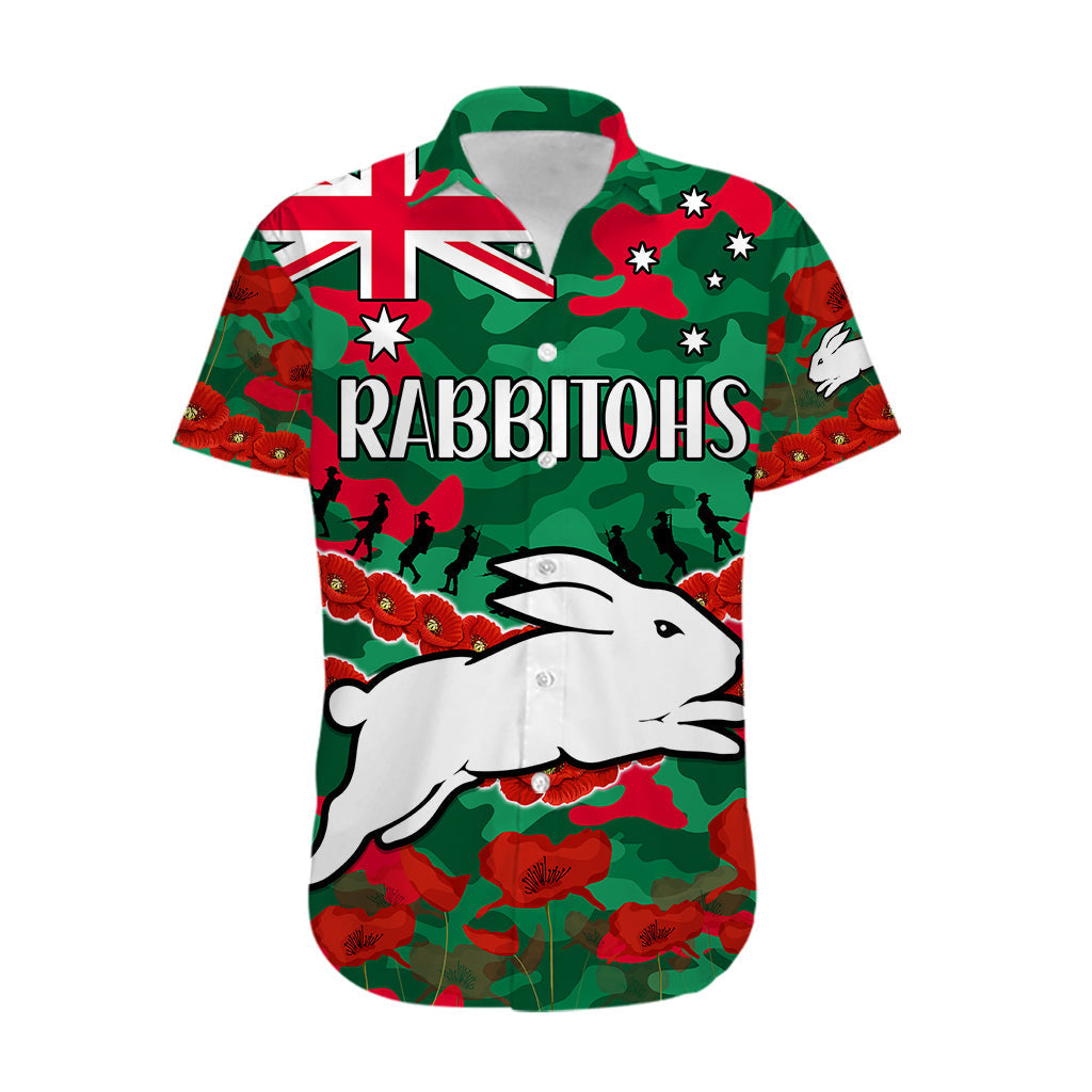 (Custom Text And Number) Rabbitohs Rugby ANZAC Hawaiian Shirt Lest We Forget - Vibe Hoodie Shop