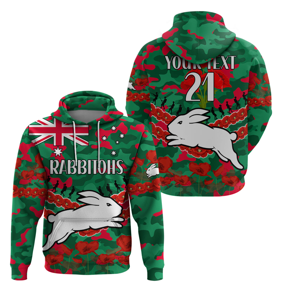 (Custom Text And Number) Rabbitohs Rugby ANZAC Hoodie Lest We Forget LT9 - Vibe Hoodie Shop