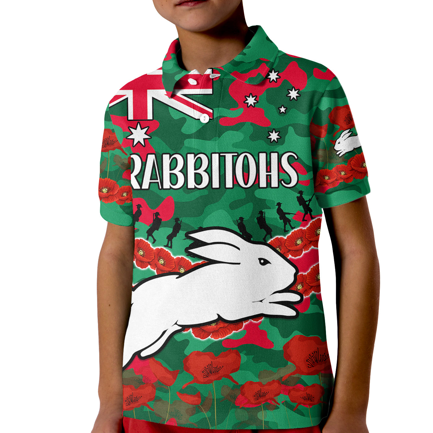 (Custom Text And Number) Rabbitohs Rugby ANZAC Kid Polo Shirt Lest We Forget - Vibe Hoodie Shop