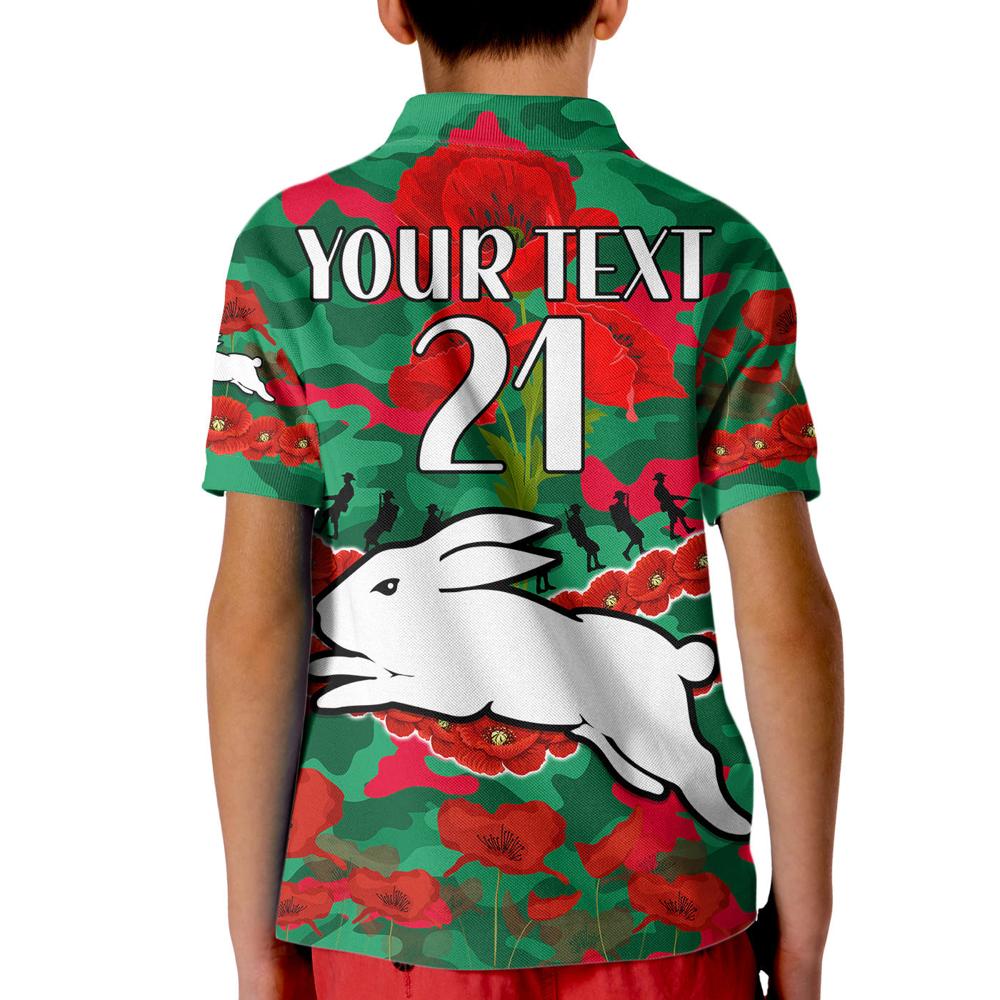 (Custom Text And Number) Rabbitohs Rugby ANZAC Kid Polo Shirt Lest We Forget - Vibe Hoodie Shop
