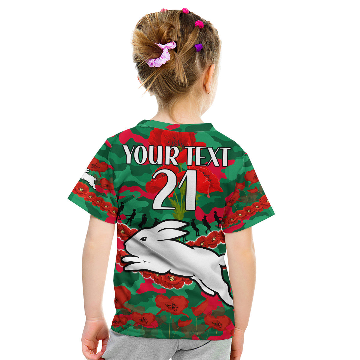 (Custom Text And Number) Rabbitohs Rugby ANZAC Kid T Shirt Lest We Forget - Vibe Hoodie Shop