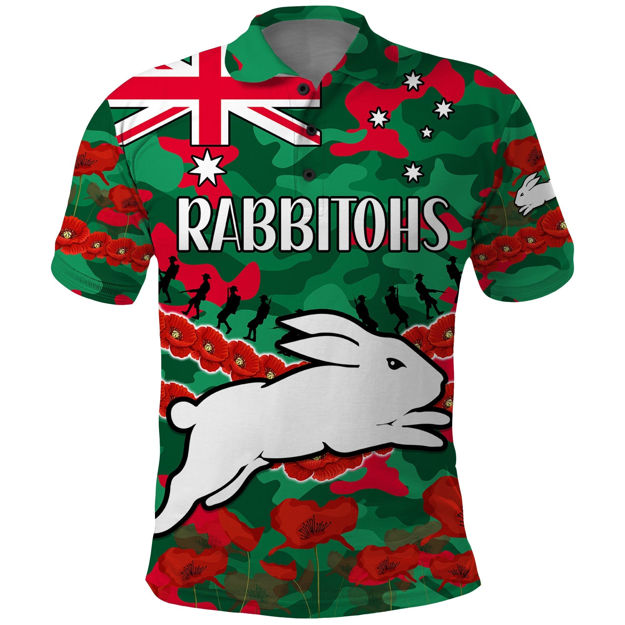 (Custom Text And Number) Rabbitohs Rugby ANZAC Polo Shirt Lest We Forget LT9 - Vibe Hoodie Shop