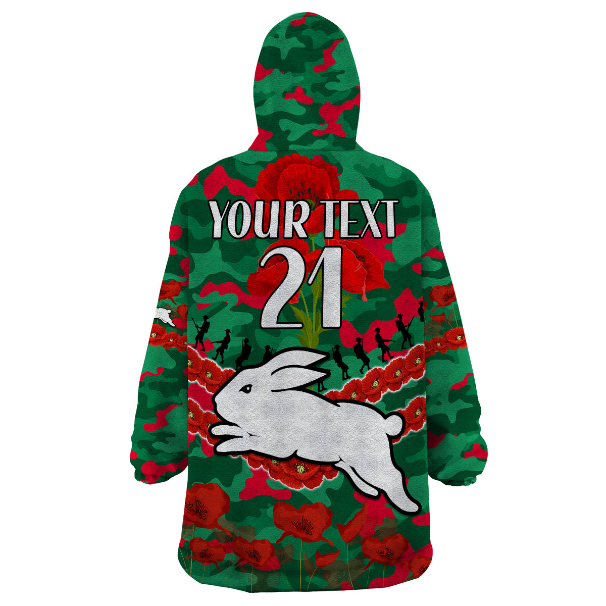 (Custom Text And Number) Rabbitohs Rugby ANZAC Wearable Blanket Hoodie Lest We Forget - Vibe Hoodie Shop