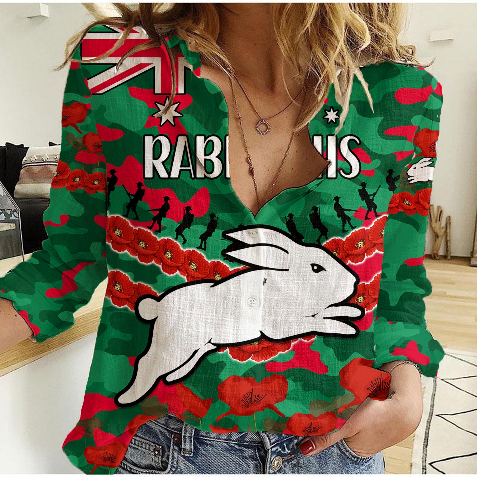 (Custom Text And Number) Rabbitohs Rugby ANZAC Women Casual Shirt Lest We Forget - Vibe Hoodie Shop