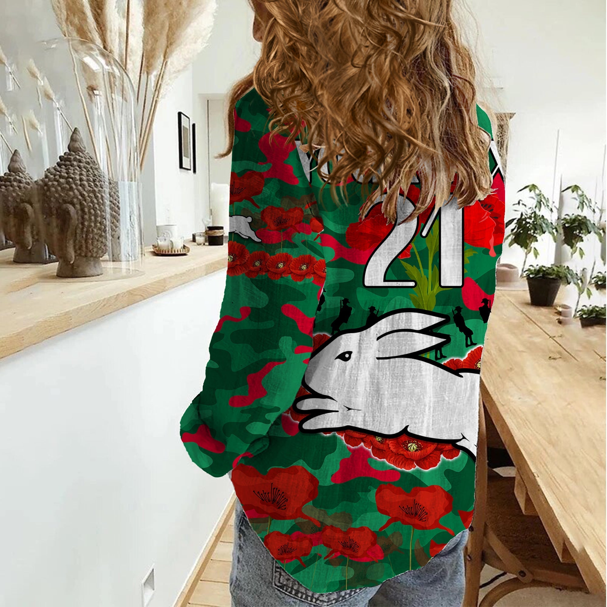 (Custom Text And Number) Rabbitohs Rugby ANZAC Women Casual Shirt Lest We Forget - Vibe Hoodie Shop