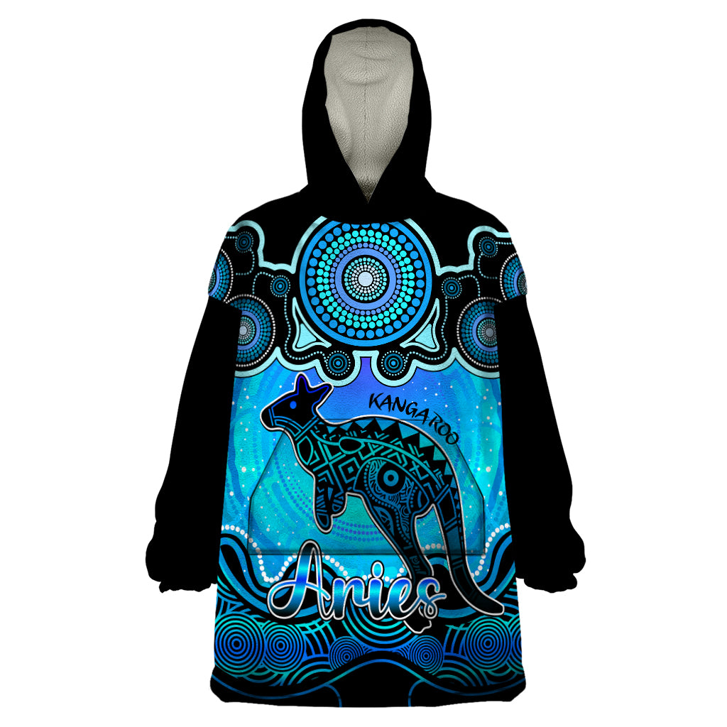 Personalised Australia Aries Kangaroo Zodiac Wearable Blanket Hoodie Auz Astrology Aboriginal - Aqua - Vibe Hoodie Shop