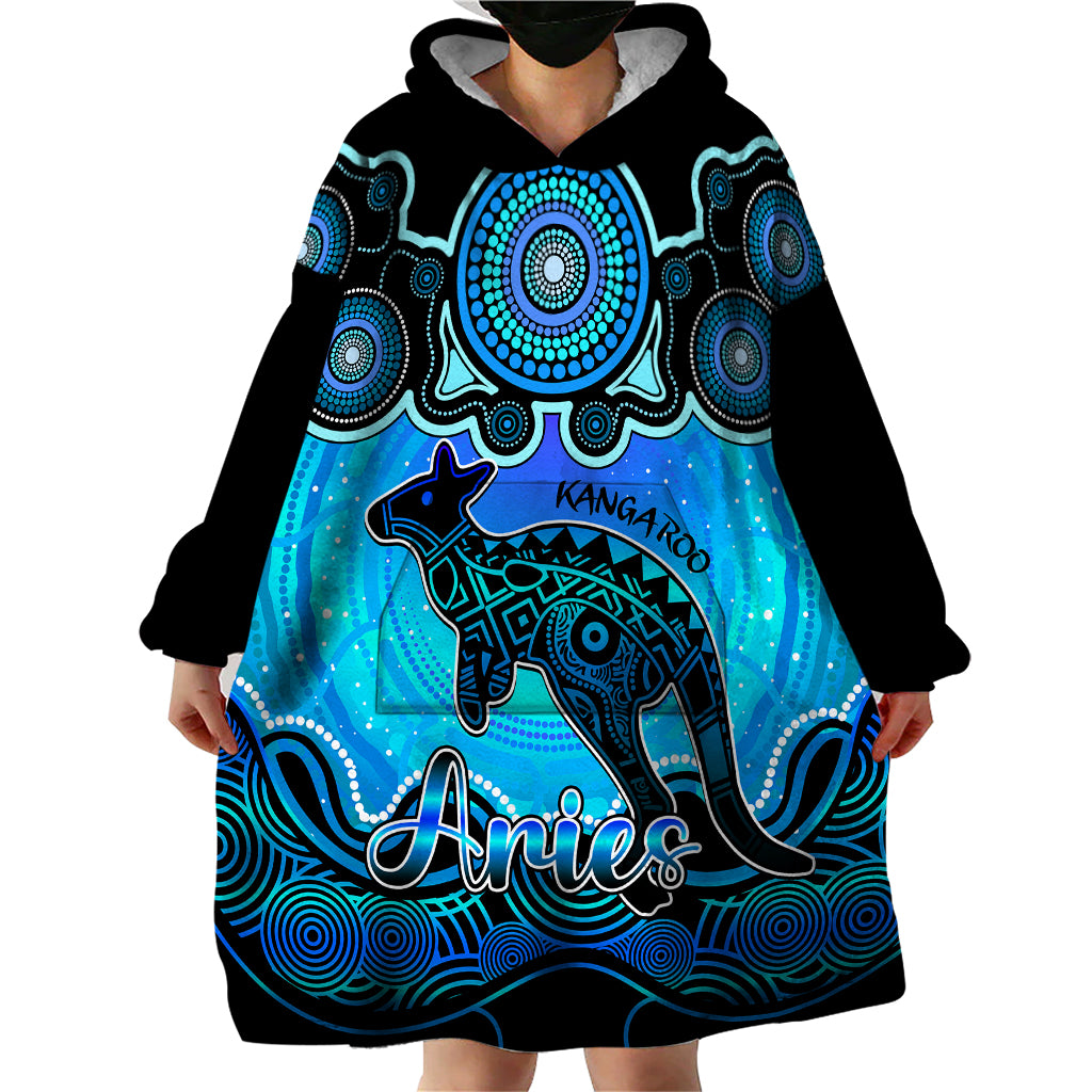 Personalised Australia Aries Kangaroo Zodiac Wearable Blanket Hoodie Auz Astrology Aboriginal - Aqua - Vibe Hoodie Shop