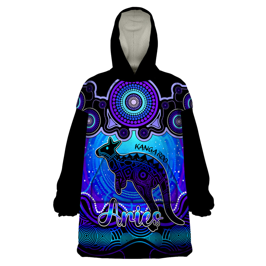 Personalised Australia Aries Kangaroo Zodiac Wearable Blanket Hoodie Auz Astrology Aboriginal - Blue - Vibe Hoodie Shop