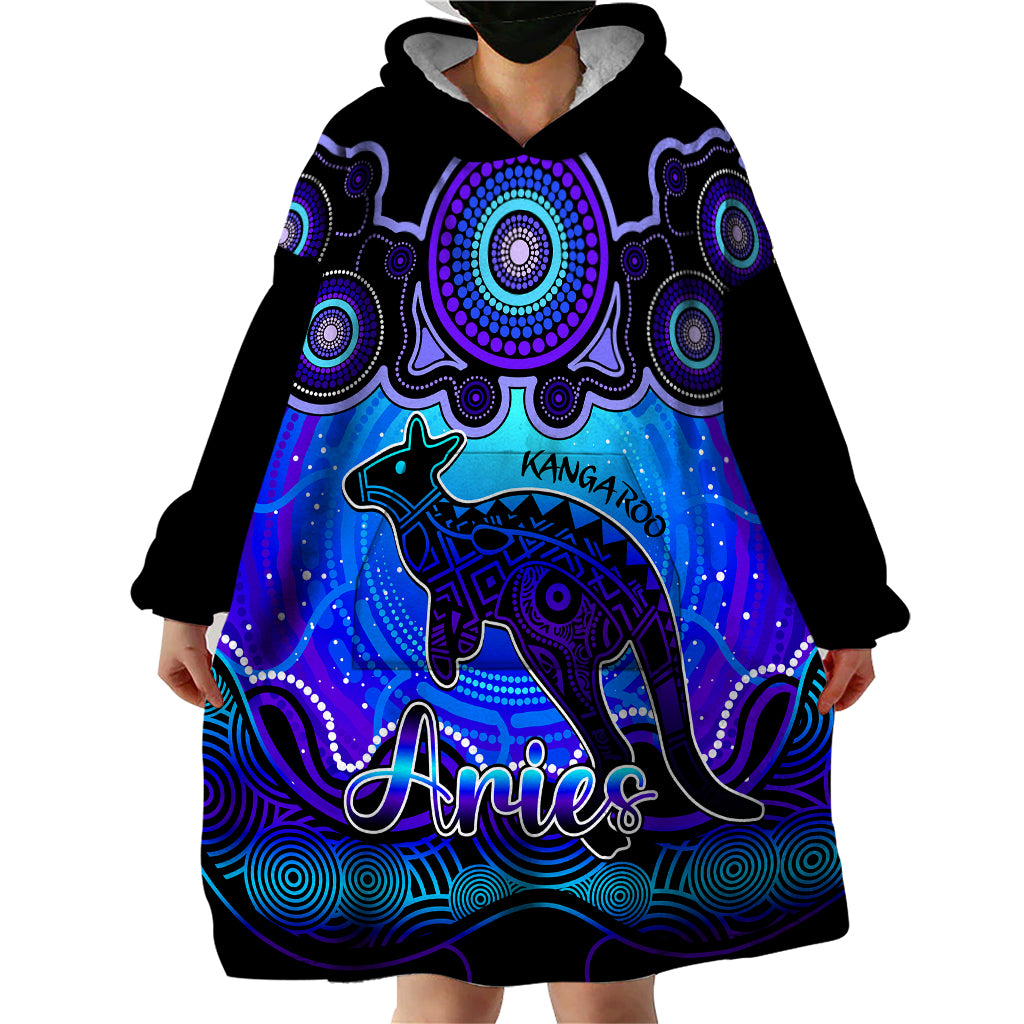 Personalised Australia Aries Kangaroo Zodiac Wearable Blanket Hoodie Auz Astrology Aboriginal - Blue - Vibe Hoodie Shop