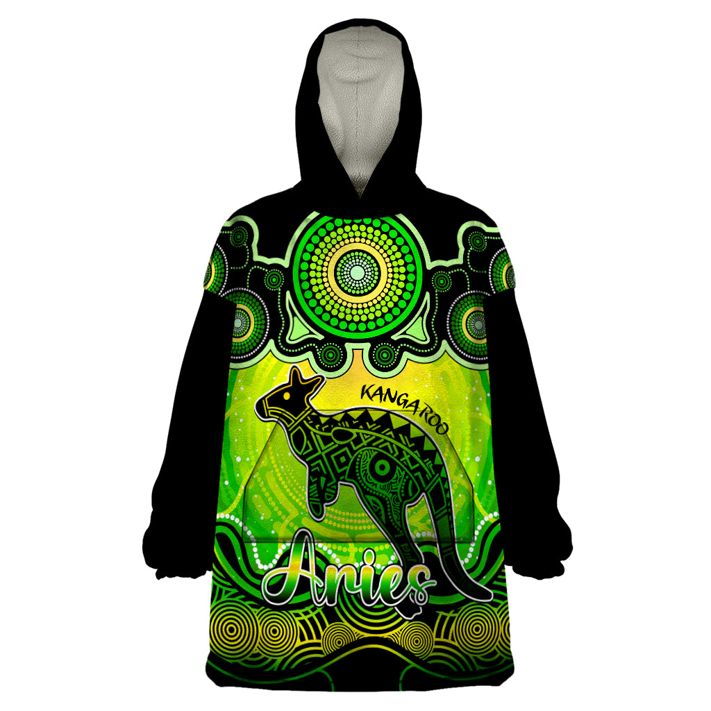 Personalised Australia Aries Kangaroo Zodiac Wearable Blanket Hoodie Auz Astrology Aboriginal - Green - Vibe Hoodie Shop