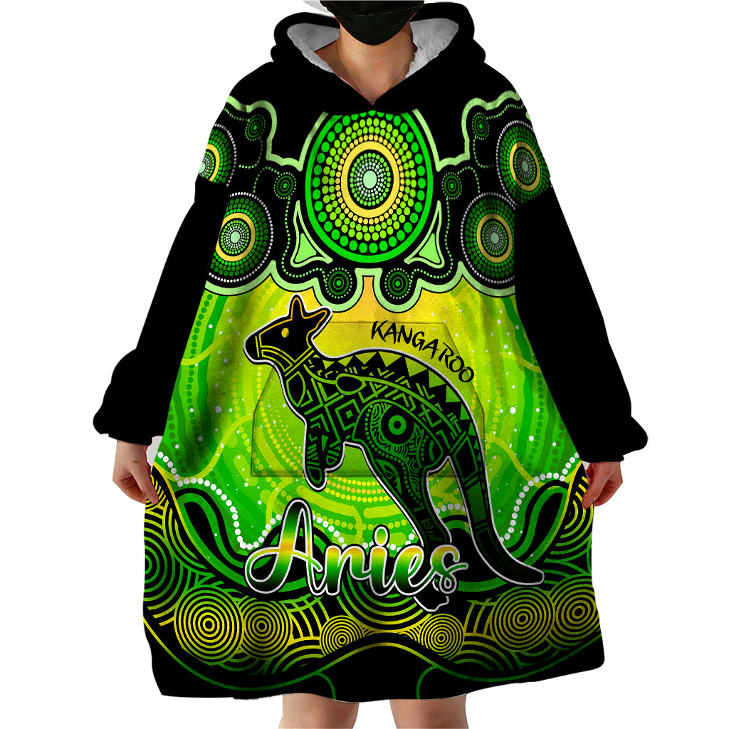 Personalised Australia Aries Kangaroo Zodiac Wearable Blanket Hoodie Auz Astrology Aboriginal - Green - Vibe Hoodie Shop