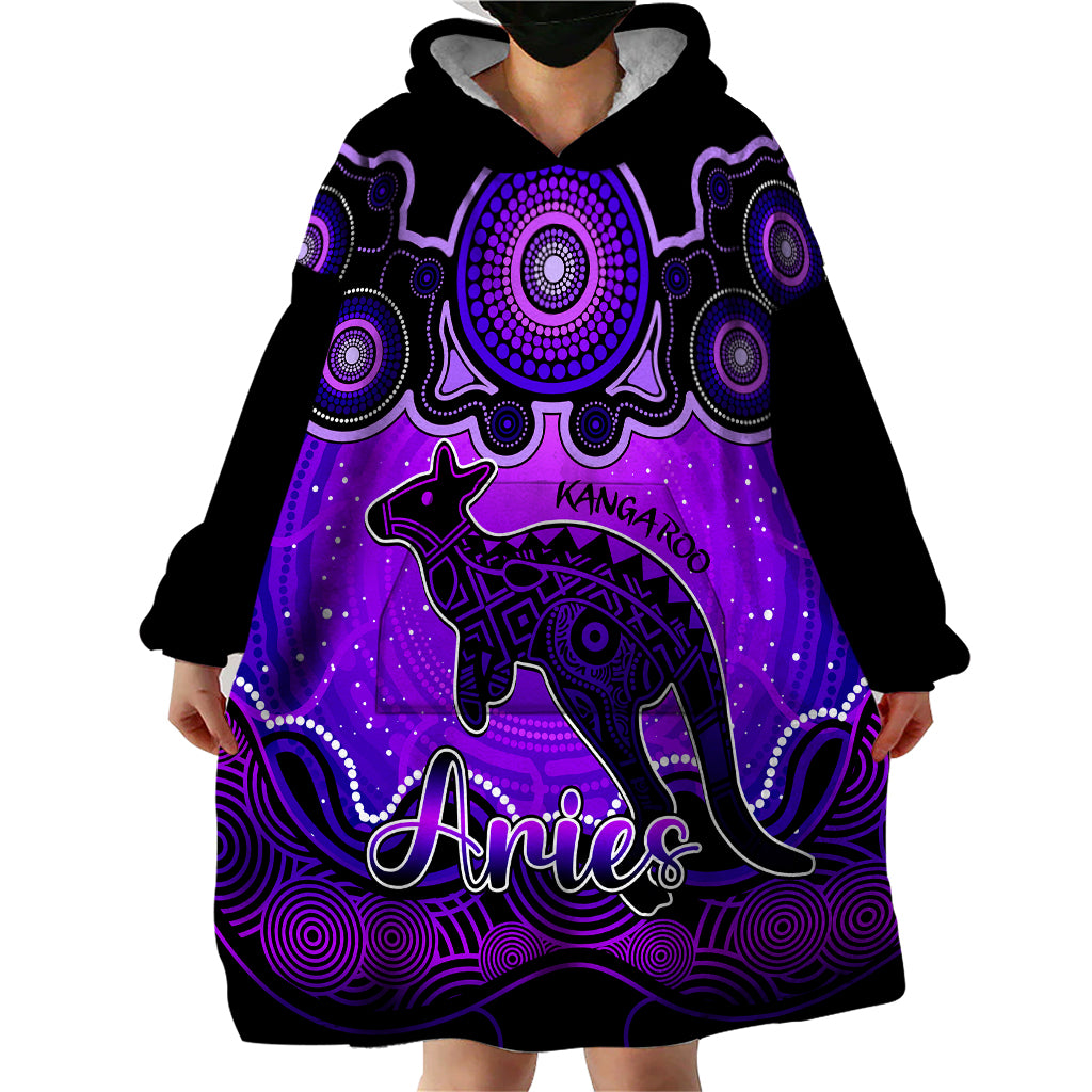 Personalised Australia Aries Kangaroo Zodiac Wearable Blanket Hoodie Auz Astrology Aboriginal - Purple - Vibe Hoodie Shop