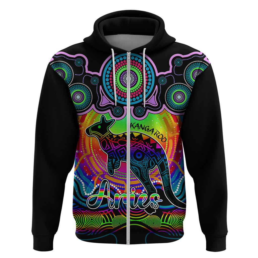 Personalised Australia Aries Kangaroo Zodiac Hoodie Auz Astrology Aboriginal - Rainbow LT9 - Vibe Hoodie Shop