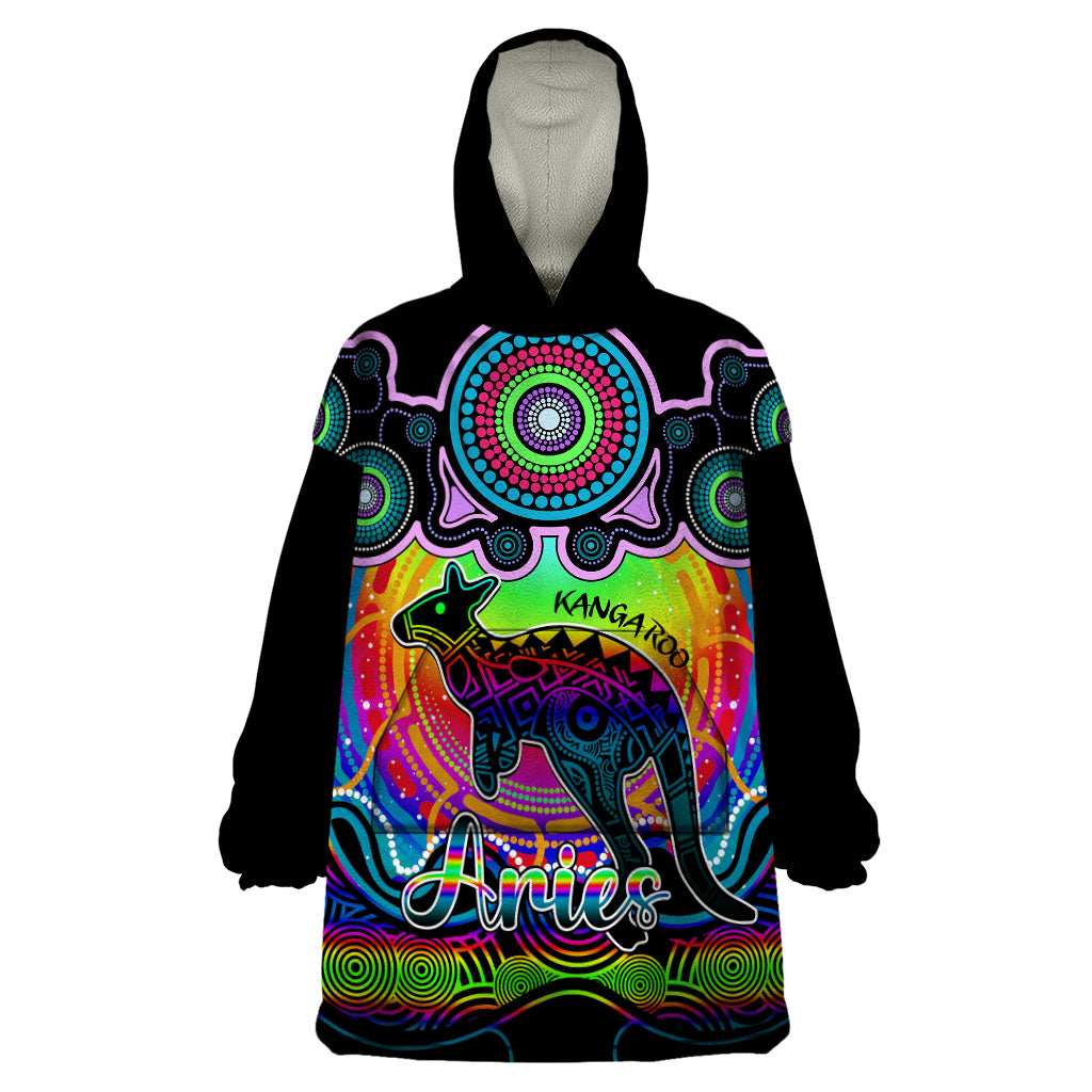 Personalised Australia Aries Kangaroo Zodiac Wearable Blanket Hoodie Auz Astrology Aboriginal - Rainbow - Vibe Hoodie Shop