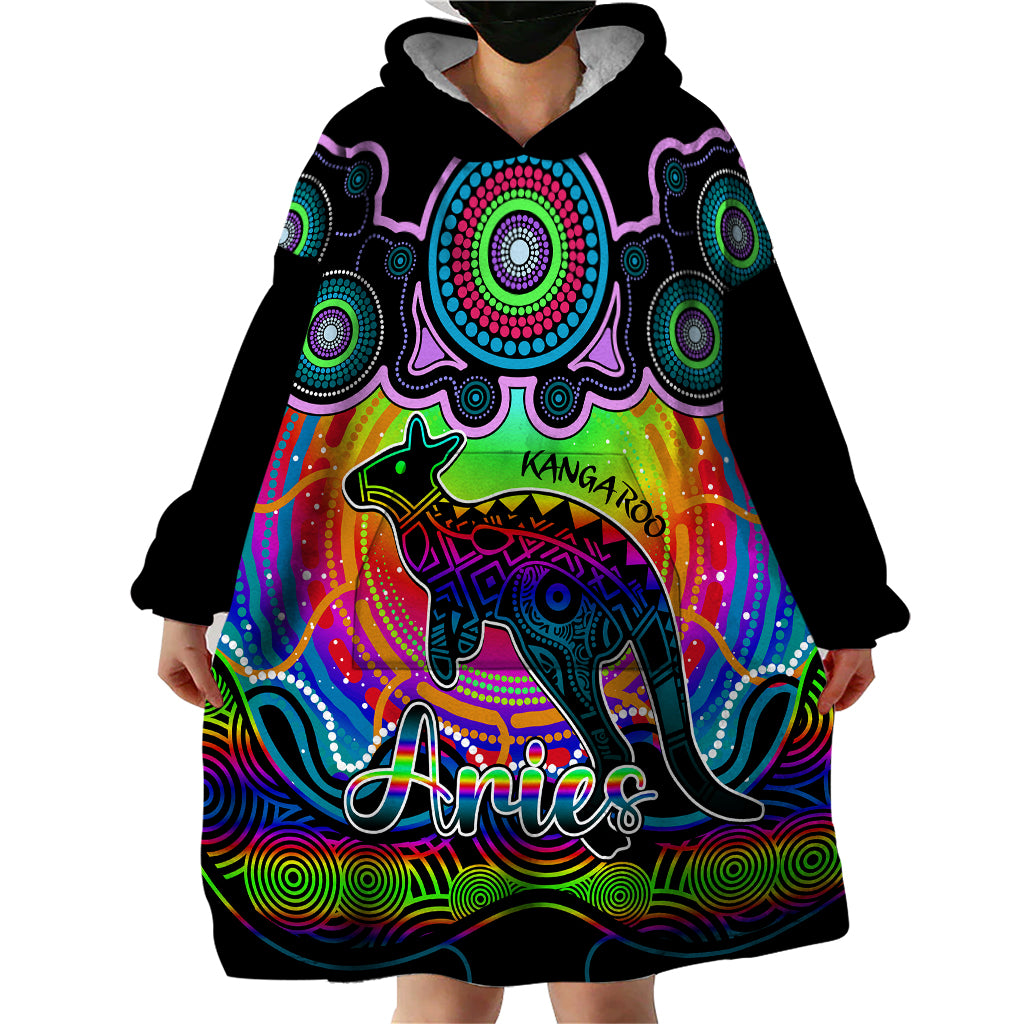 Personalised Australia Aries Kangaroo Zodiac Wearable Blanket Hoodie Auz Astrology Aboriginal - Rainbow - Vibe Hoodie Shop