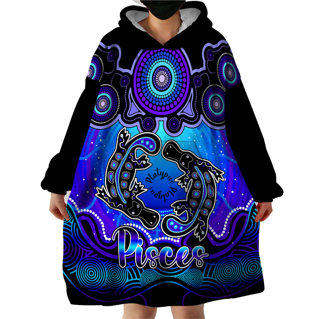 Personalised Australia Pisces  Platypus Zodiac Wearable Blanket Hoodie Auz Astrology Aboriginal - Blue - Vibe Hoodie Shop