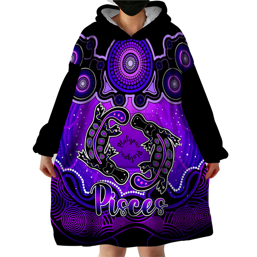 Personalised Australia Pisces  Platypus Zodiac Wearable Blanket Hoodie Auz Astrology Aboriginal - Purple - Vibe Hoodie Shop