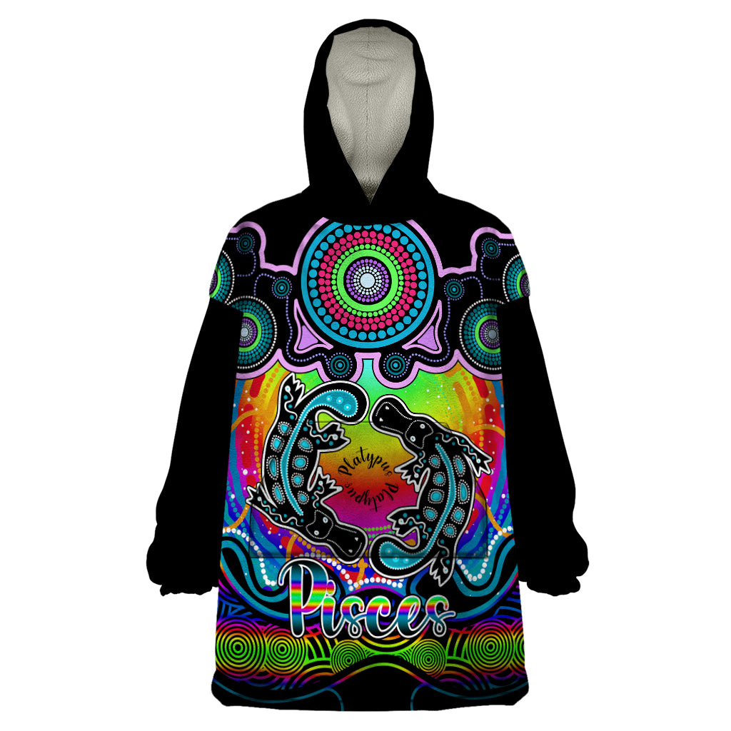 Personalised Australia Pisces  Platypus Zodiac Wearable Blanket Hoodie Auz Astrology Aboriginal - Rainbow - Vibe Hoodie Shop