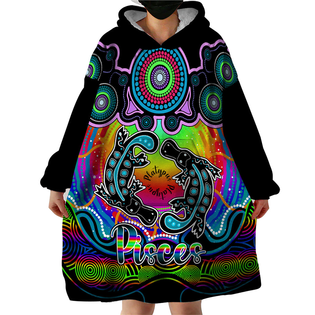 Personalised Australia Pisces  Platypus Zodiac Wearable Blanket Hoodie Auz Astrology Aboriginal - Rainbow - Vibe Hoodie Shop