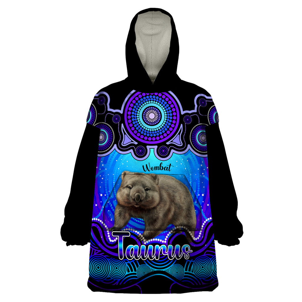 Personalised Australia Taurus Wombat Zodiac Wearable Blanket Hoodie Auz Astrology Aboriginal - Blue - Vibe Hoodie Shop