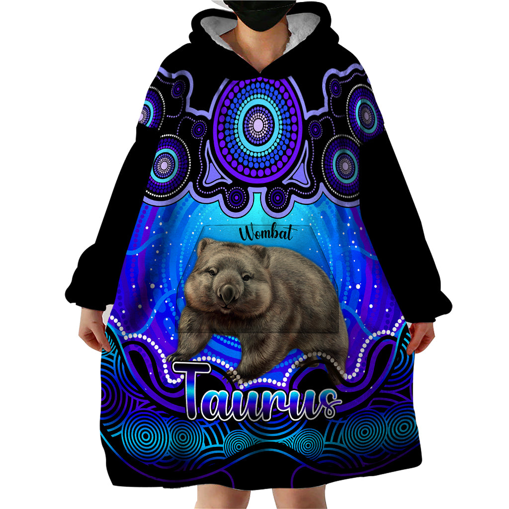 Personalised Australia Taurus Wombat Zodiac Wearable Blanket Hoodie Auz Astrology Aboriginal - Blue - Vibe Hoodie Shop