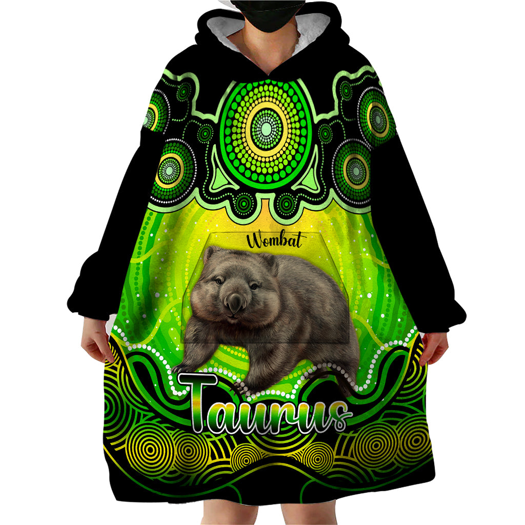 Personalised Australia Taurus Wombat Zodiac Wearable Blanket Hoodie Auz Astrology Aboriginal - Green - Vibe Hoodie Shop