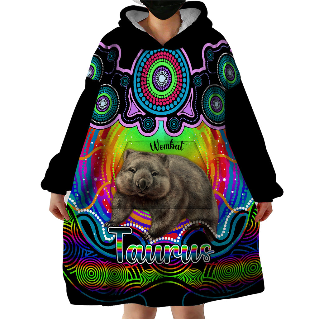 Personalised Australia Taurus Wombat Zodiac Wearable Blanket Hoodie Auz Astrology Aboriginal - Rainbow - Vibe Hoodie Shop