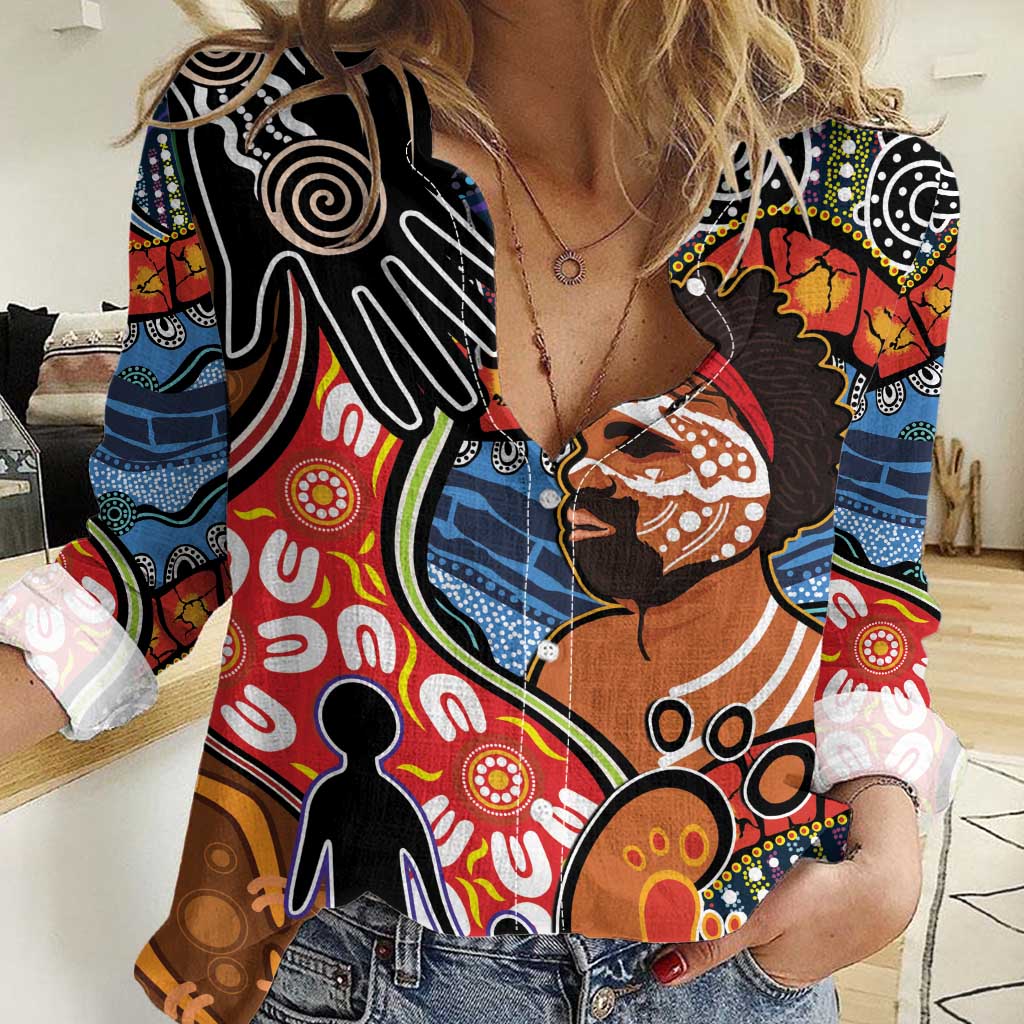 Dad and Son Footprint Father's Day Personalised Women Casual Shirt Australian Aboriginal Art - Vibe Hoodie Shop