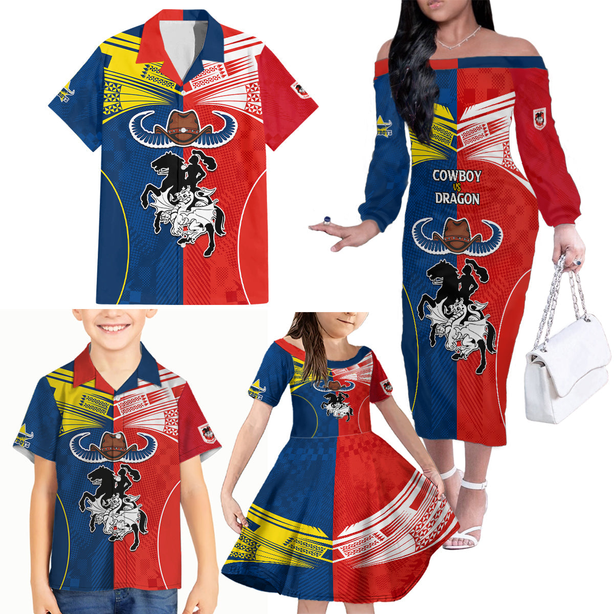 nrl-cowboys-combine-dragon-rugby-family-matching-off-shoulder-long-sleeve-dress-and-hawaiian-shirt-sporty-style