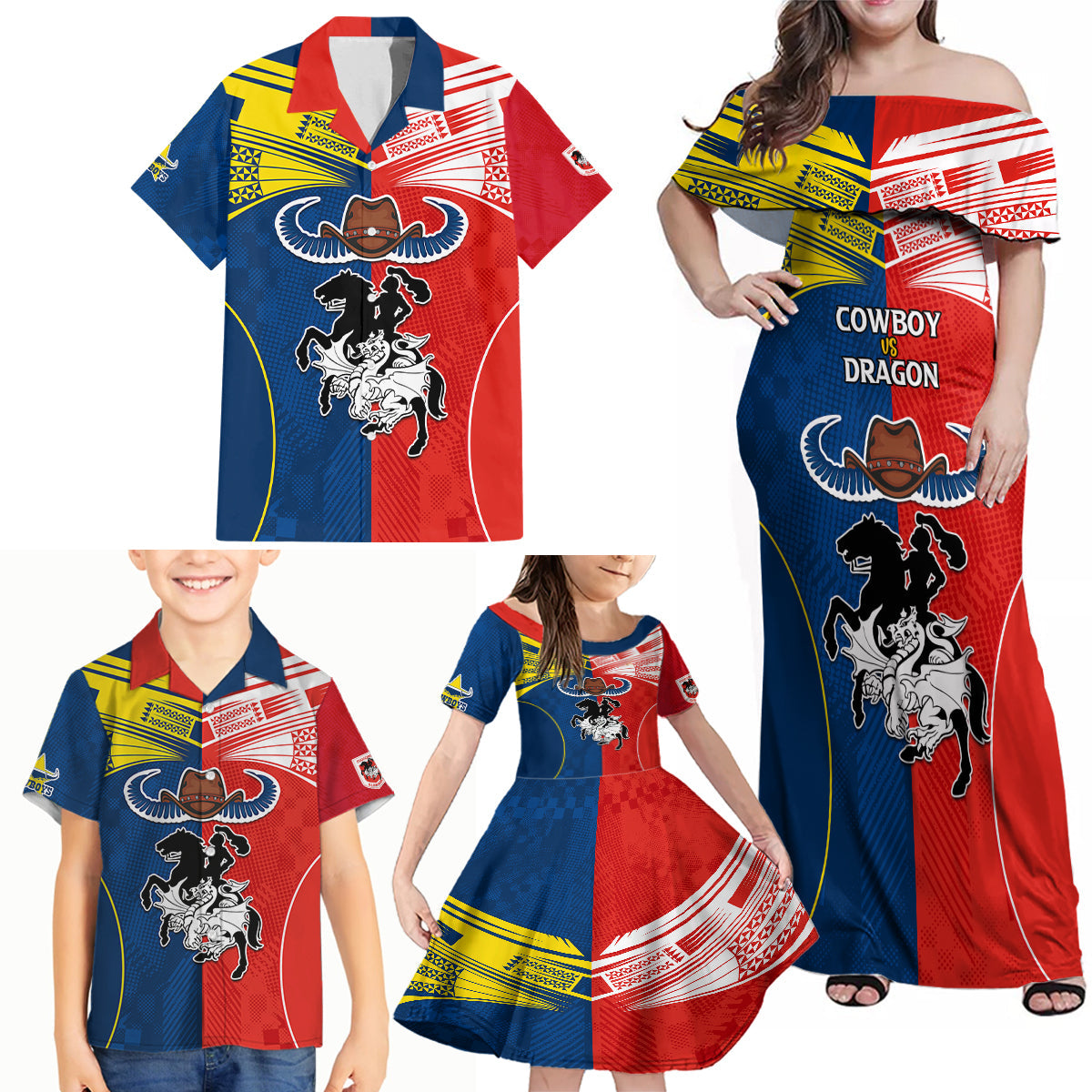nrl-cowboys-combine-dragon-rugby-family-matching-off-shoulder-maxi-dress-and-hawaiian-shirt-sporty-style
