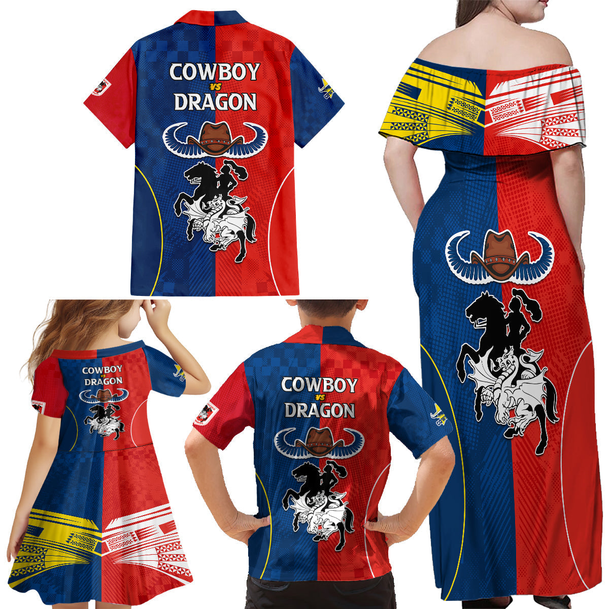 nrl-cowboys-combine-dragon-rugby-family-matching-off-shoulder-maxi-dress-and-hawaiian-shirt-sporty-style
