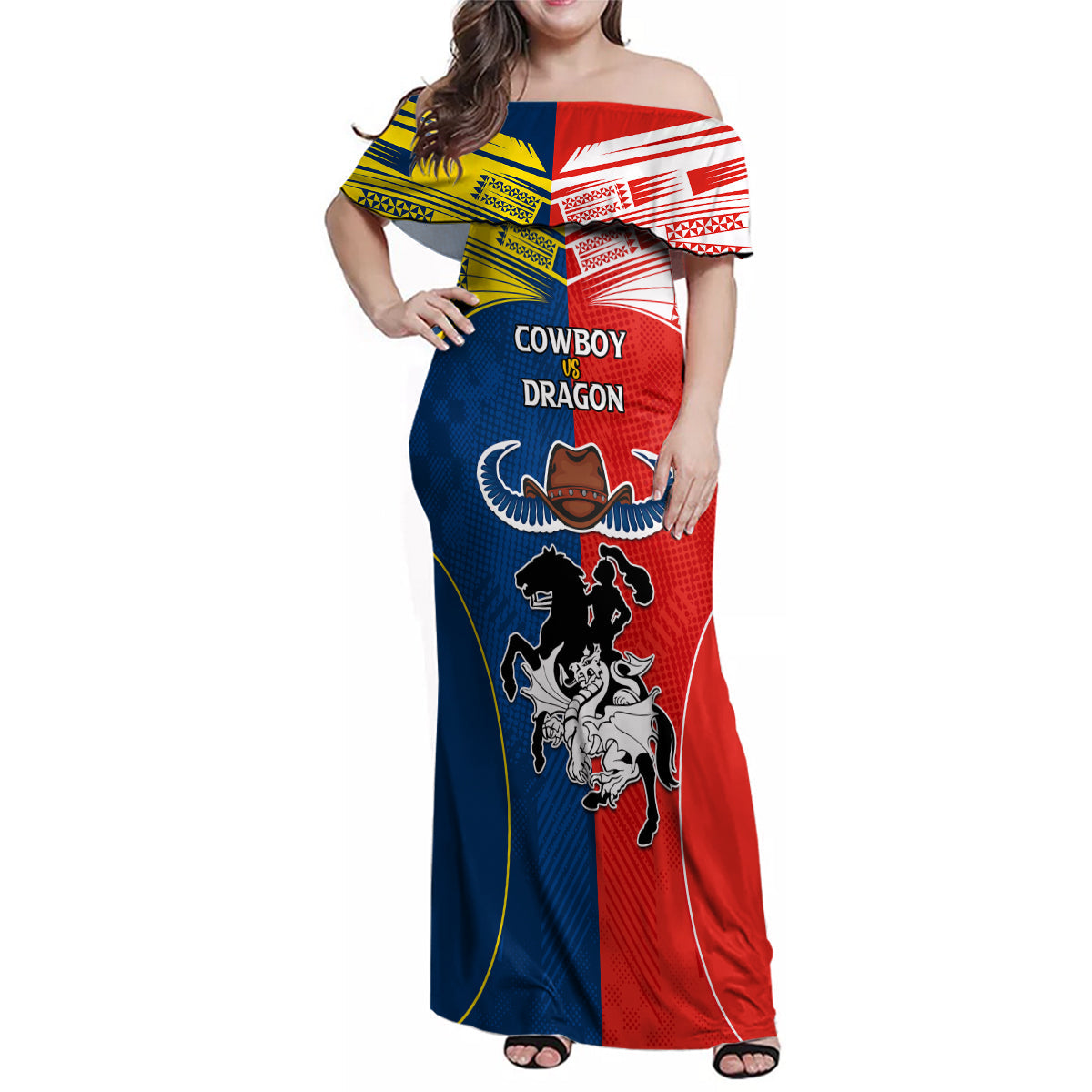 nrl-cowboys-combine-dragon-rugby-family-matching-off-shoulder-maxi-dress-and-hawaiian-shirt-sporty-style