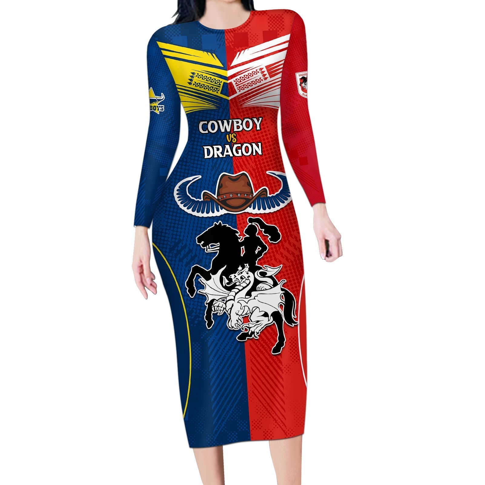 nrl-cowboys-combine-dragon-rugby-long-sleeve-bodycon-dress-sporty-style