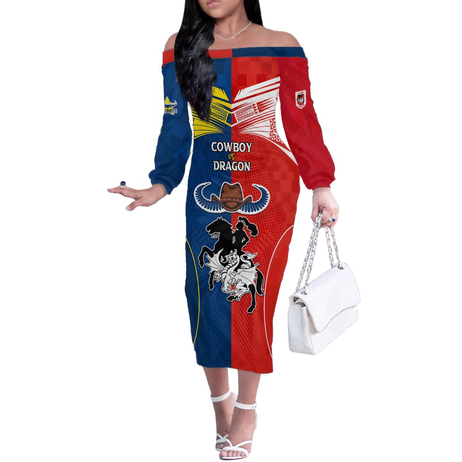 nrl-cowboys-combine-dragon-rugby-off-the-shoulder-long-sleeve-dress-sporty-style