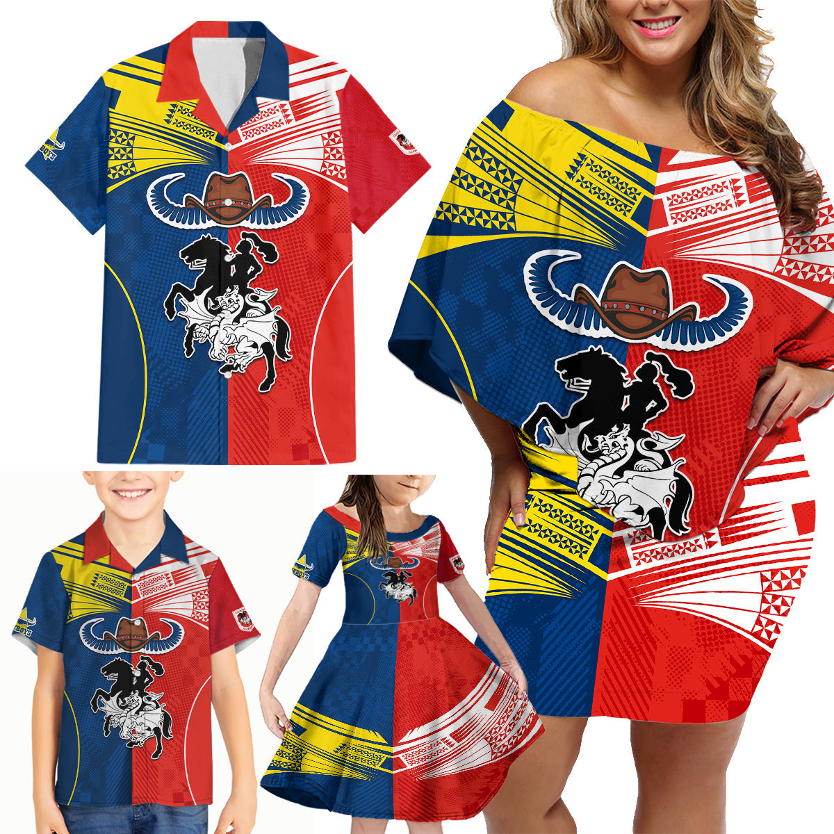 custom-nrl-cowboys-combine-dragon-rugby-family-matching-off-shoulder-short-dress-and-hawaiian-shirt-sporty-style
