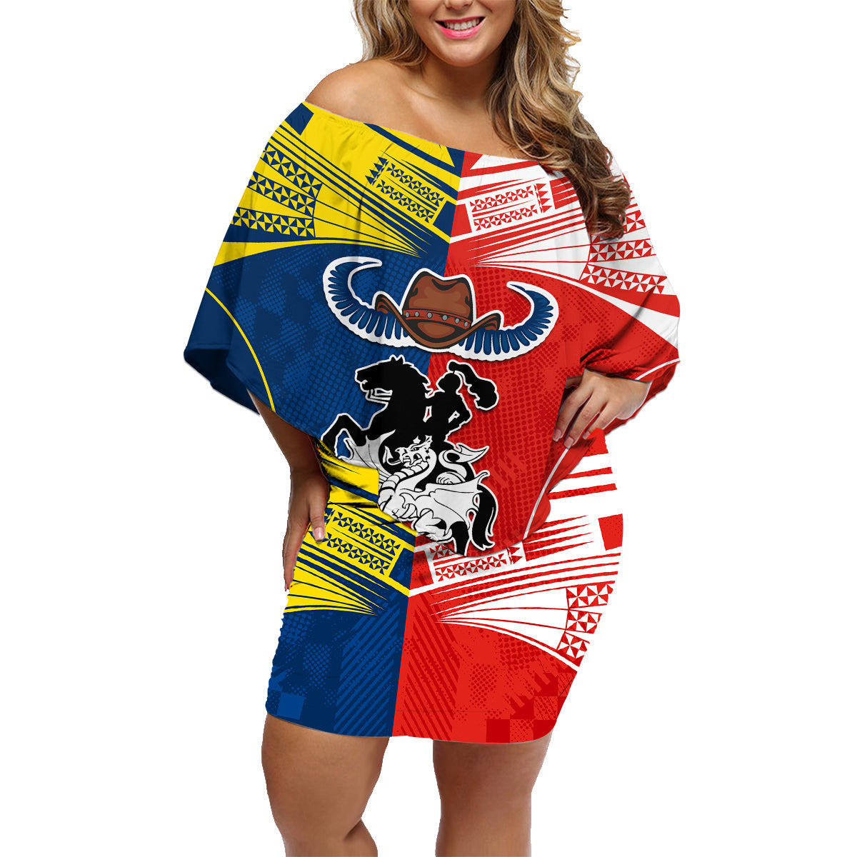 custom-nrl-cowboys-combine-dragon-rugby-family-matching-off-shoulder-short-dress-and-hawaiian-shirt-sporty-style