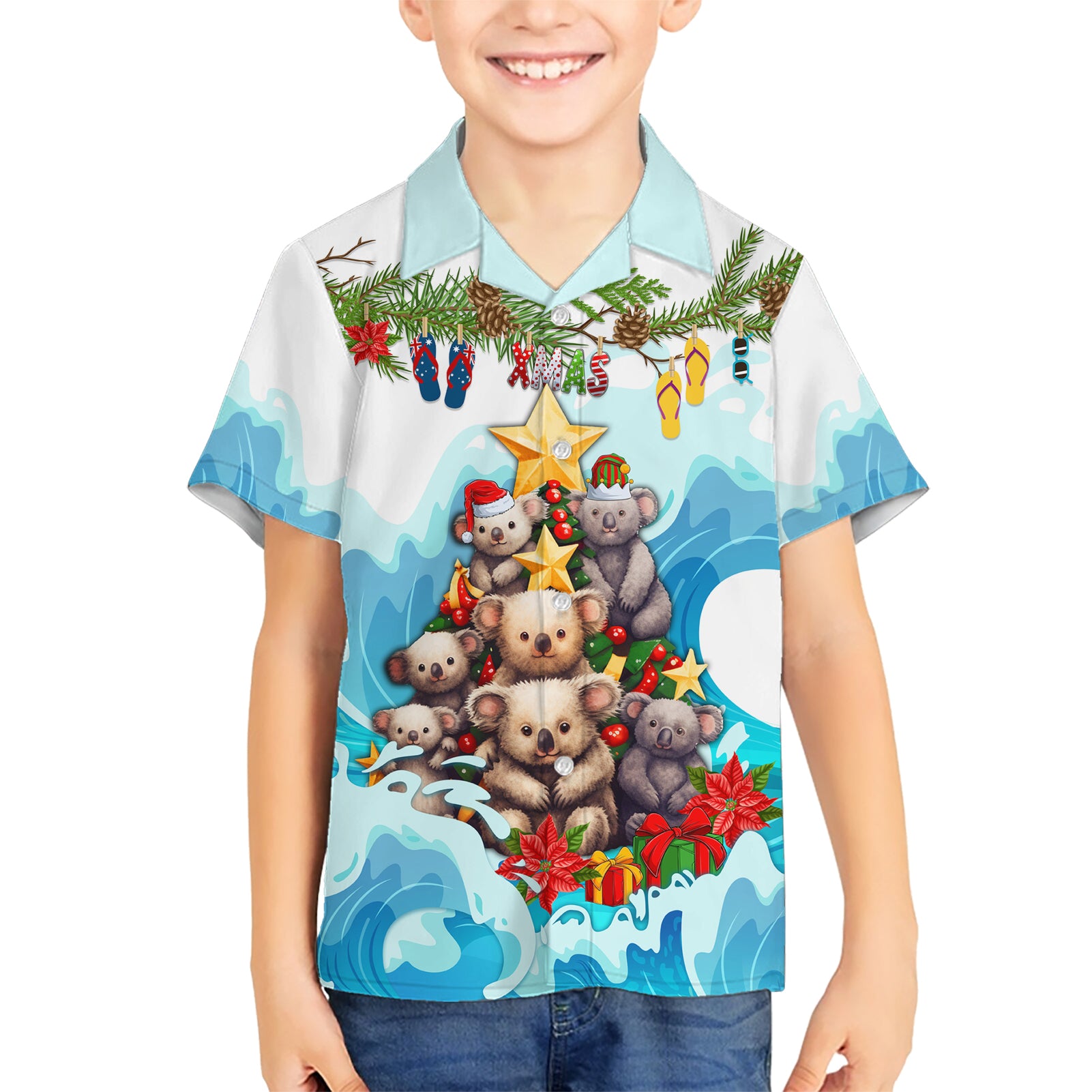 Personalised Australia Koala Christmas Hawaiian Shirt Merry and Bright Breaking Wave - Vibe Hoodie Shop