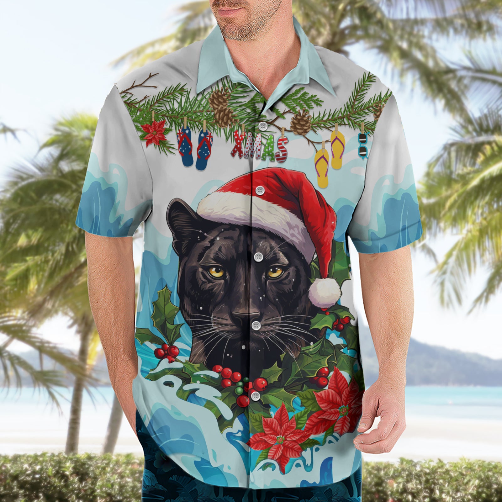 Personalised Australia Panthers Christmas Hawaiian Shirt Merry and Bright Breaking Wave - Vibe Hoodie Shop