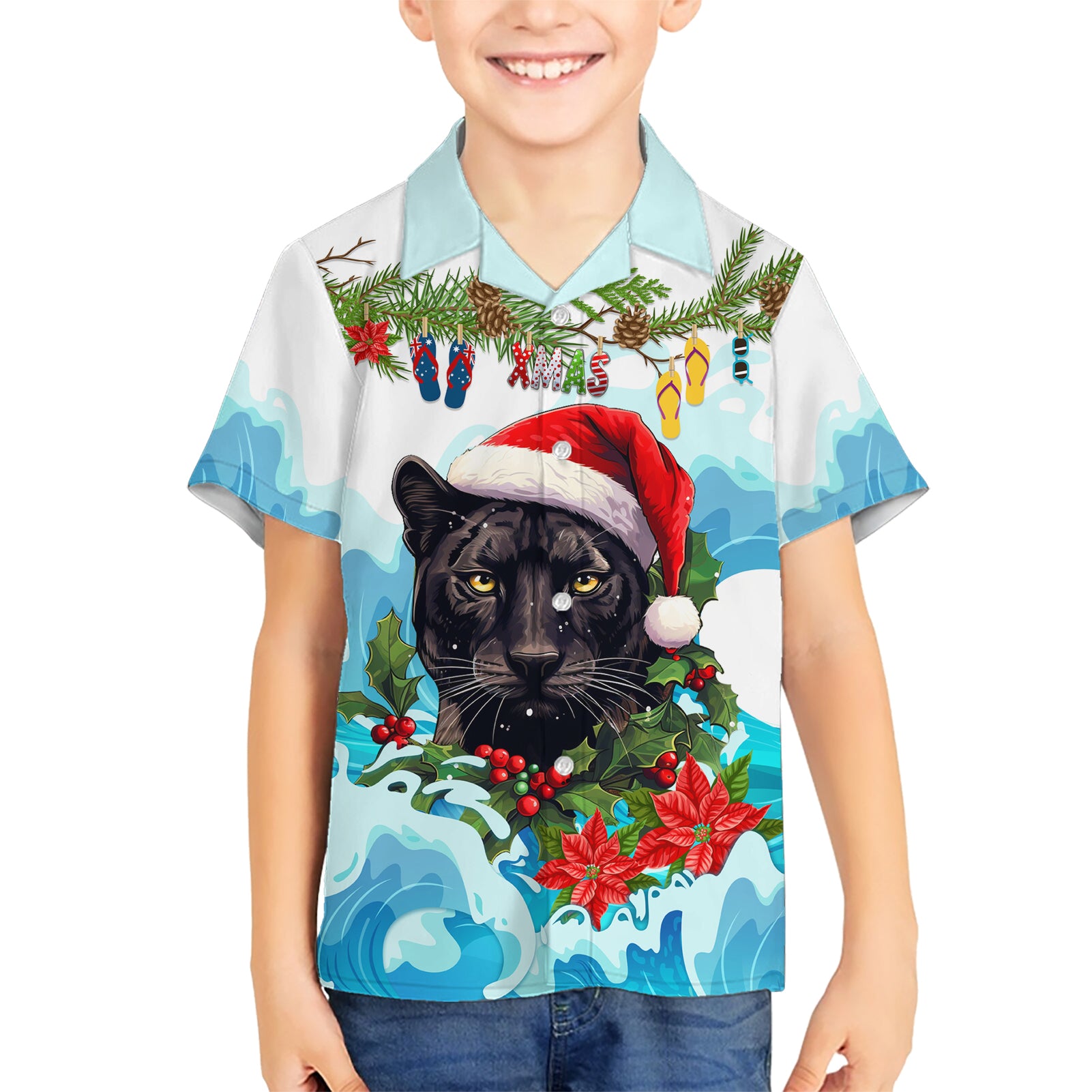 Personalised Australia Panthers Christmas Hawaiian Shirt Merry and Bright Breaking Wave - Vibe Hoodie Shop