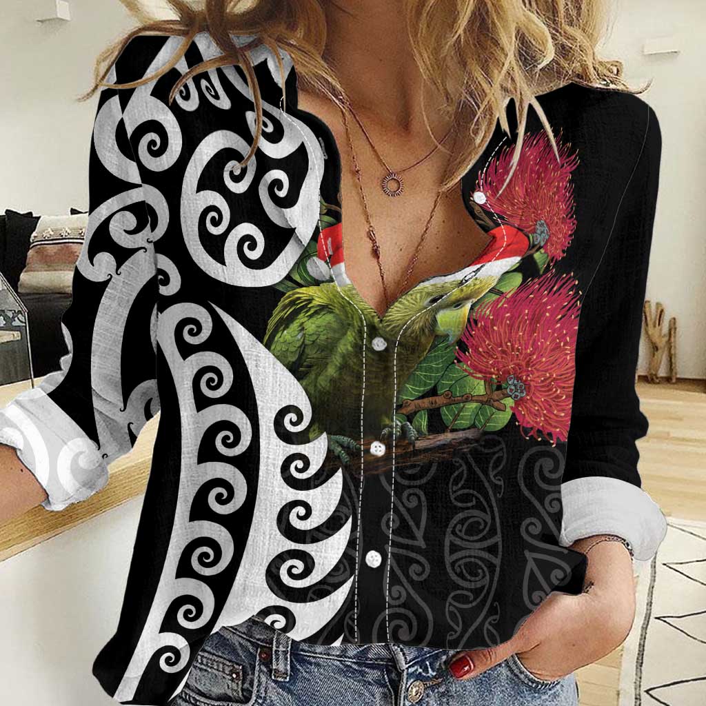 New Zealand Kakapo Christmas Women Casual Shirt Meri Kirihimete Pohutukawa Flowers - Vibe Hoodie Shop