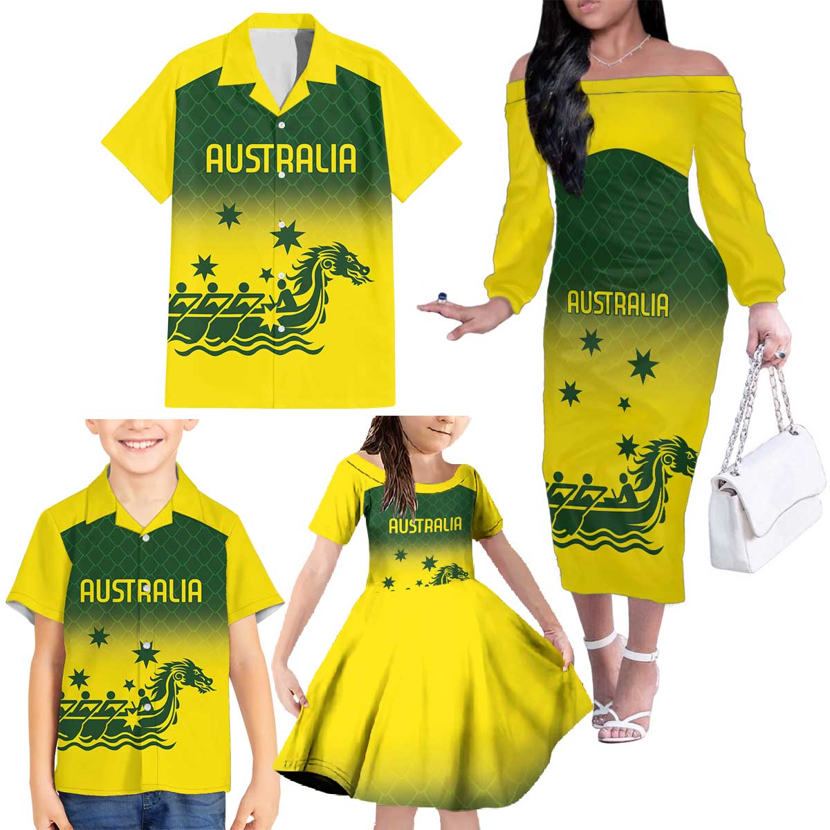 Personalised Dragons Boat Aussie Paddles Up! Family Matching Off The Shoulder Long Sleeve Dress and Hawaiian Shirt