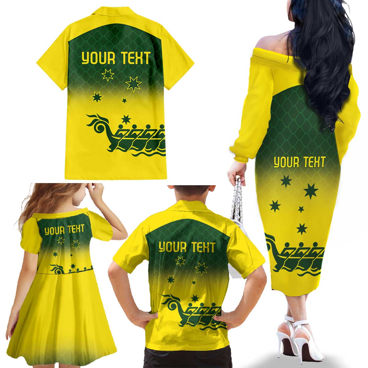 Personalised Dragons Boat Aussie Paddles Up! Family Matching Off The Shoulder Long Sleeve Dress and Hawaiian Shirt