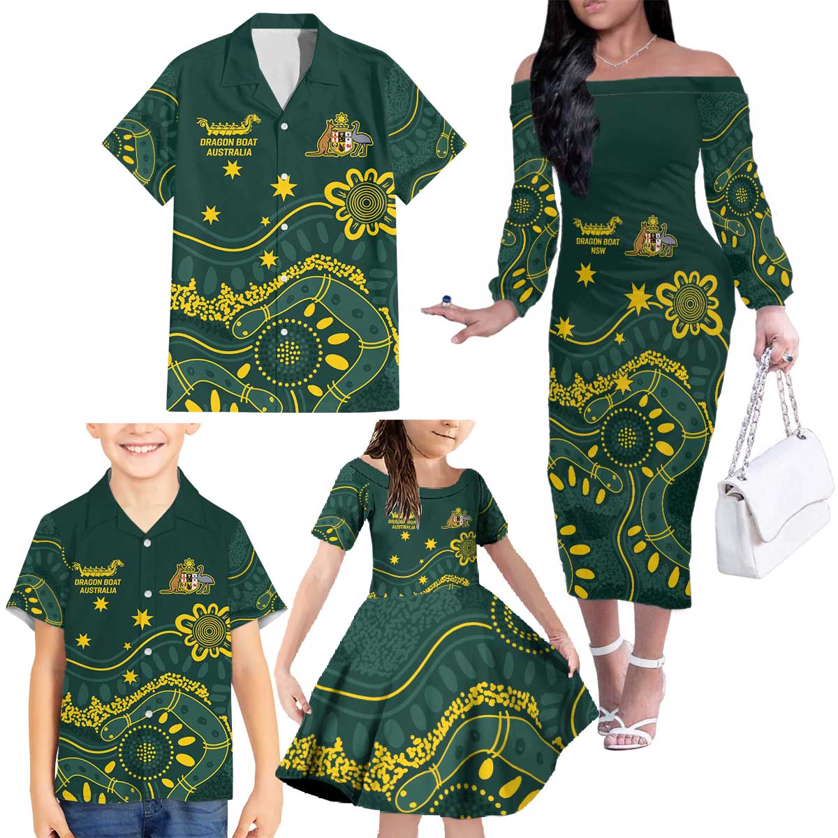 Personalised Australia Dragons Boat Family Matching Off The Shoulder Long Sleeve Dress and Hawaiian Shirt Aussie Aboriginal Dot Style