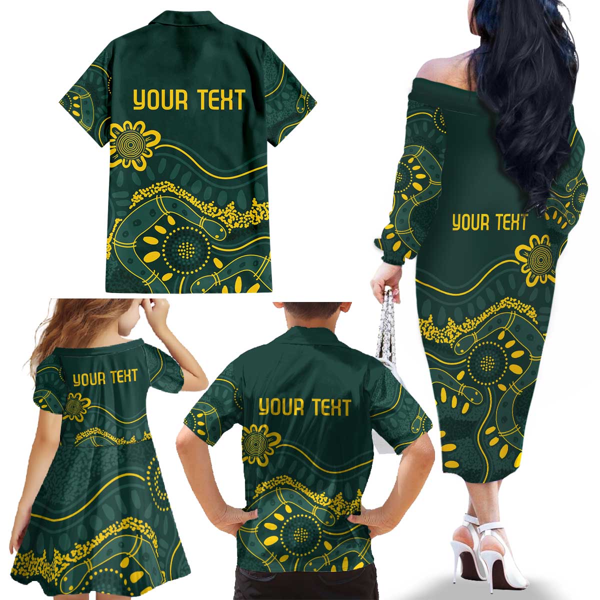 Personalised Australia Dragons Boat Family Matching Off The Shoulder Long Sleeve Dress and Hawaiian Shirt Aussie Aboriginal Dot Style