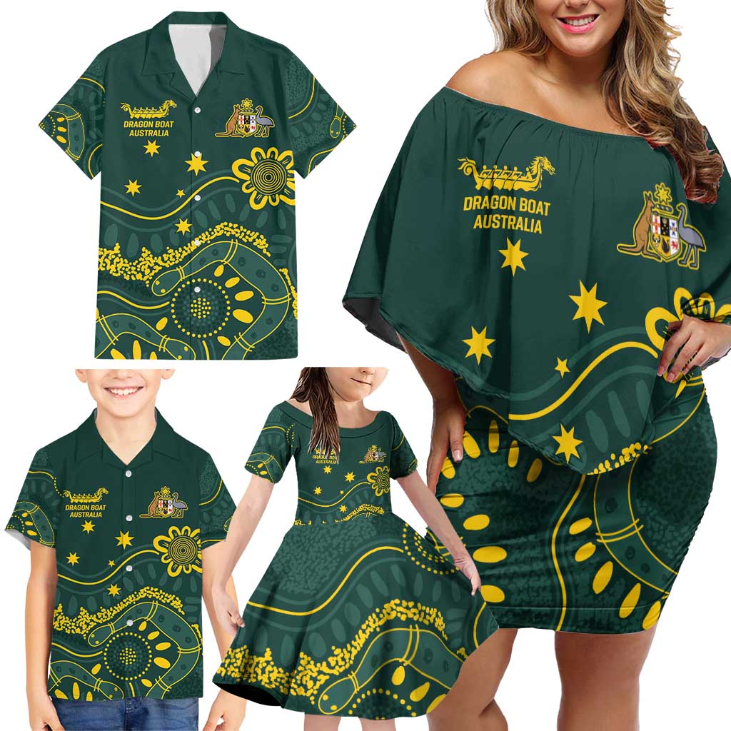 Personalised Australia Dragons Boat Family Matching Off Shoulder Short Dress and Hawaiian Shirt Aussie Aboriginal Dot Style