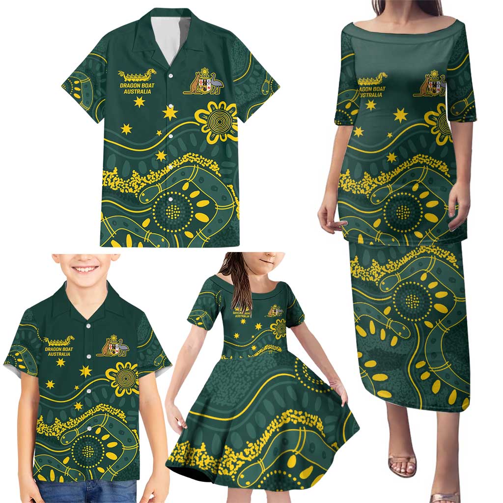 Personalised Australia Dragons Boat Family Matching Puletasi and Hawaiian Shirt Aussie Aboriginal Dot Style