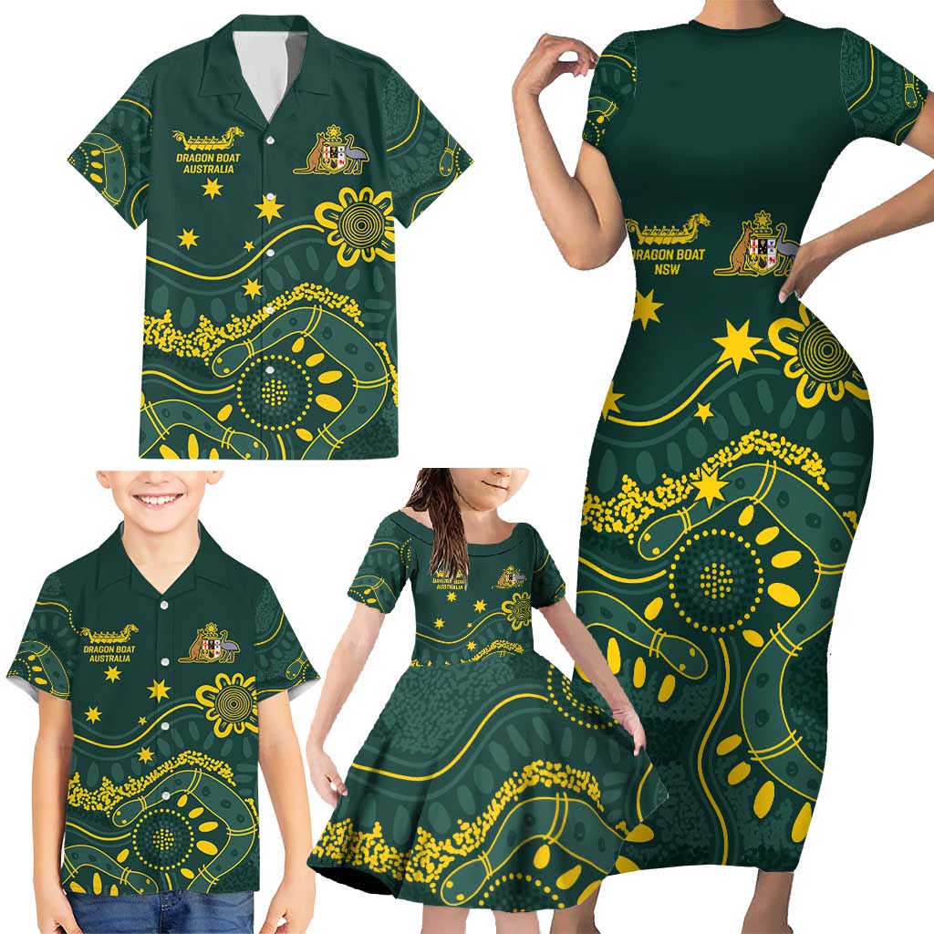 Personalised Australia Dragons Boat Family Matching Short Sleeve Bodycon Dress and Hawaiian Shirt Aussie Aboriginal Dot Style