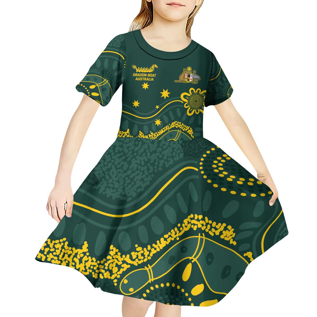 Personalised Australia Dragons Boat Kid Short Sleeve Dress Aussie Aboriginal Dot Style - Vibe Hoodie Shop