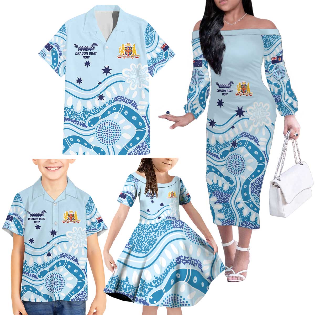 Personalised Australia New South Wales Dragons Boat Family Matching Off The Shoulder Long Sleeve Dress and Hawaiian Shirt Aussie Aboriginal Dot Style